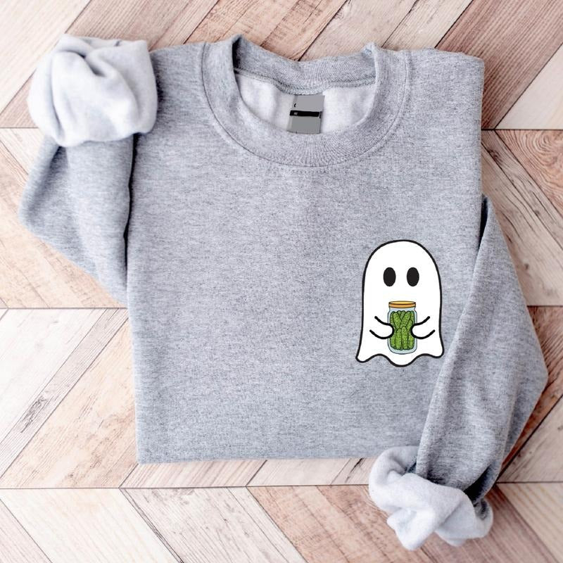 Ghost Pickle Pocket Size Sweatshirt, Cute Boo Hoodie, Trendy Pickle Jar Halloween Sweater, Unisex Pickle Lover Gift Sweatshirt, Spooky Season Sweater.