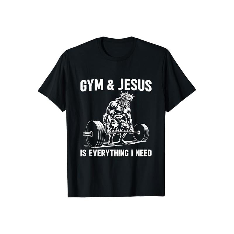 Gym and Jesus Christian Weight Lifting T-Shirt Casual Style Crew Neck Short Sleeve T-Shirt Tops Trendy for Unisex, Perfect Gift