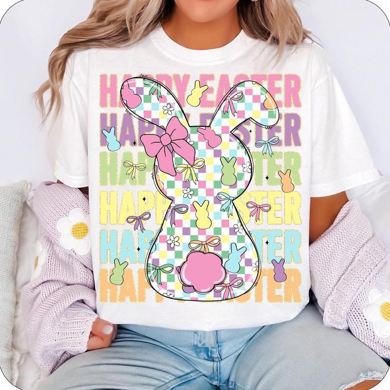 Happy Easter Checkered Bow T-Shirt, Easter T-Shirt, Pastel Easter T-Shirt, Easter Bunny T-Shirt, Easter Coquette T-Shirt, Easter Day T-Shirt