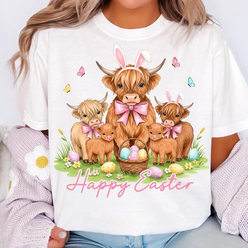 Happy Easter Day Highland Cow T-Shirt, Retro Easter T-Shirt, Easter Day T-Shirt, Easter Bunny T-Shirt, Cute Cow T-Shirt, Happy Easter