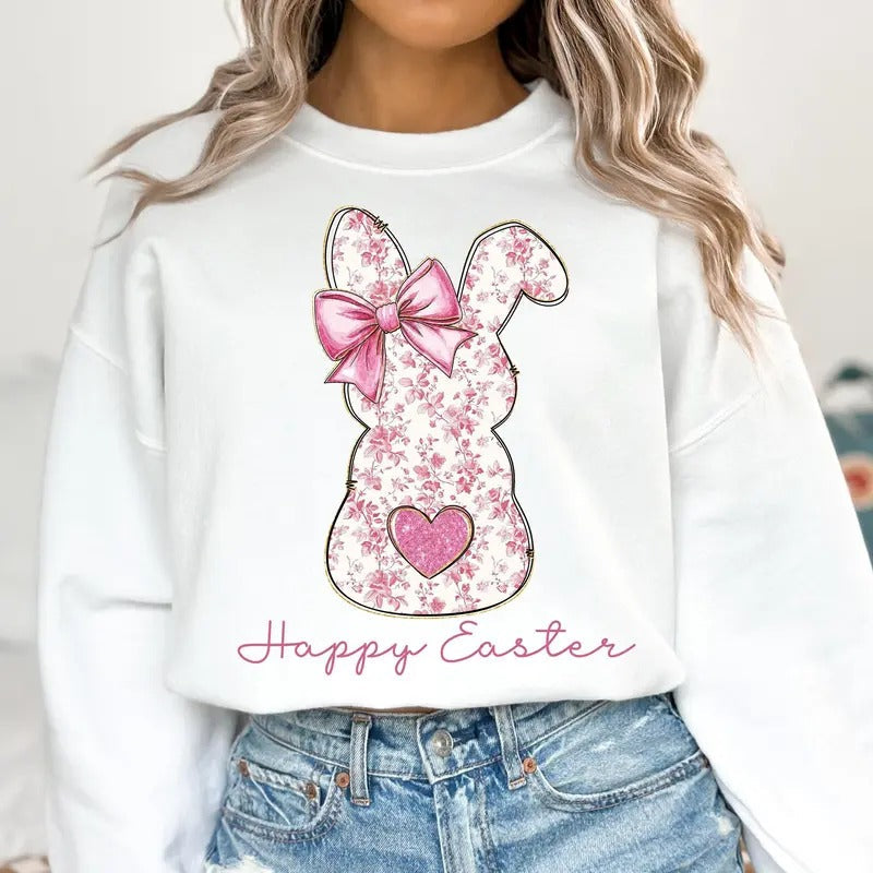 Happy Easter Tshirt Sweatshirt, Pink Floral Chinoiserie Bunny Shirt, Pink Toile Easter Rabbit, Easter Coquette, Unisex Sweater Pullover Tee