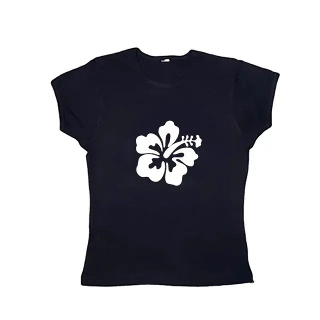 Hawaiian Flower Baby Tee, Goth Short Sleeve Emo Girls Tops, Y2k Top Women Streetwear, Emo Scene 2000s Clothes, Women Fitted T-Shirt, Gift For Girlfriend