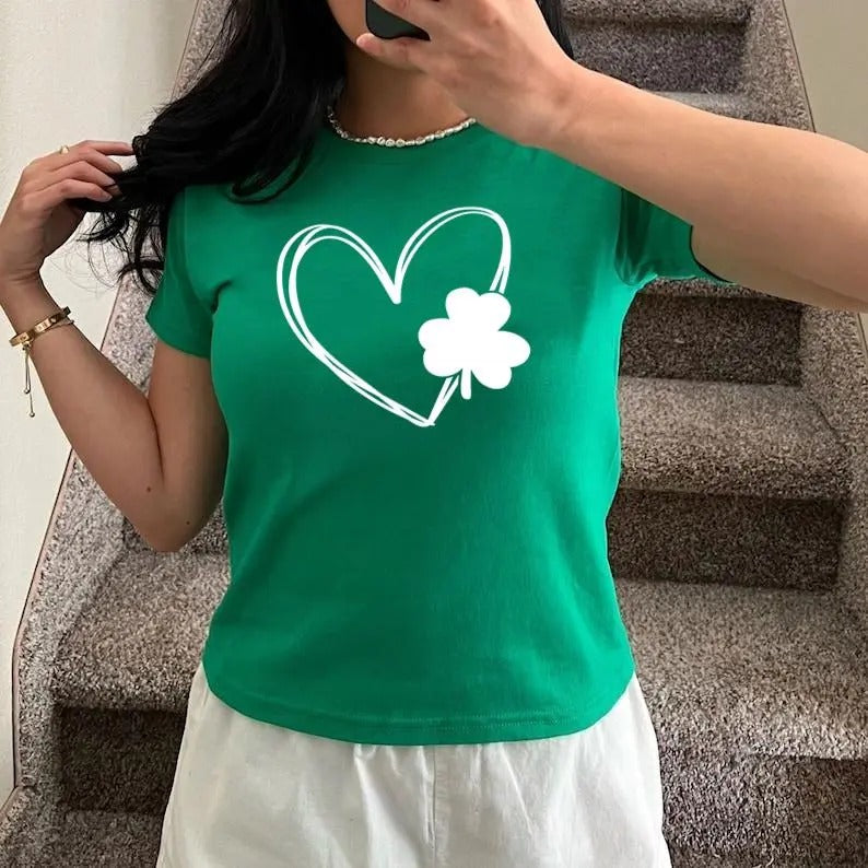 Heart Shamrock Shirt, Glitter Shamrock Baby Tee, St Patrick's Day Shirt, Glitter Lucky Shirt, Lucky Tee, Irish , Y2K 2000's Style, Streetwear Style
