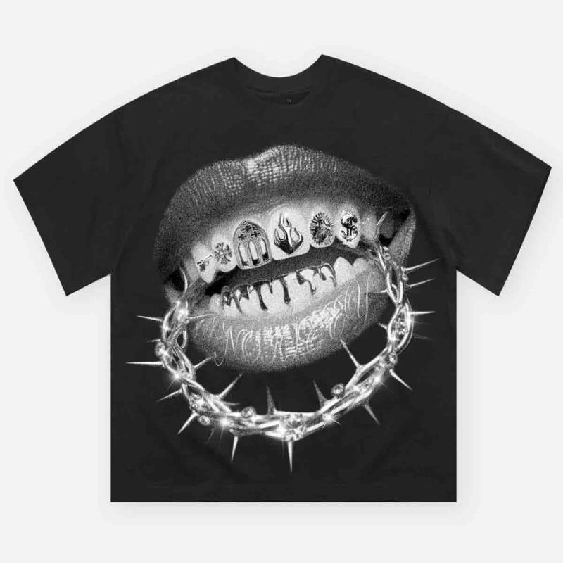 High Quality Thorn Crown Lips Print T-shirt, Vintage Graphic Tee, Y2k Clothing, Unisex Cotton Crewneck T-Shirt - Medium, Short Sleeve, Casual Streetwear Printed Tee