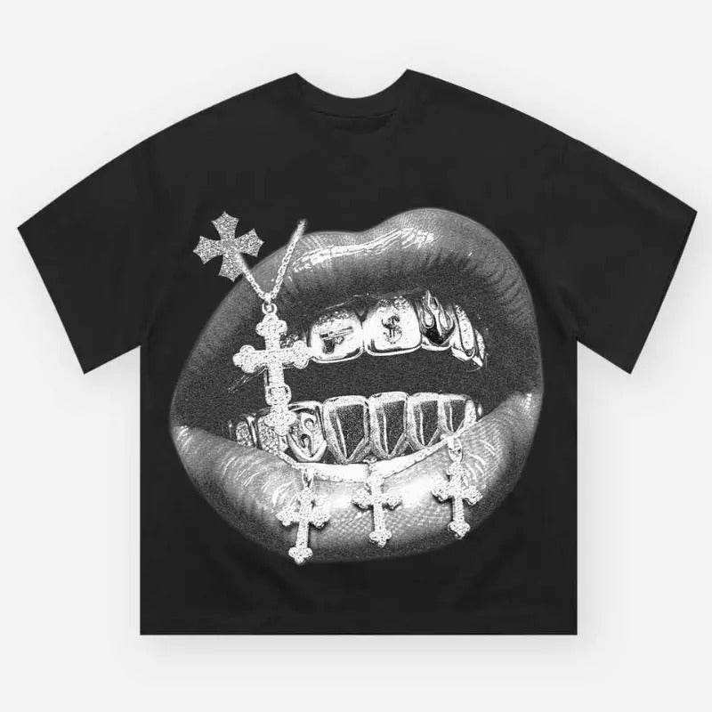 High quality Cross Vintage Grills Black Print Y2k T-shirt, Unisex Cotton Crewneck T-Shirt - Medium, Short Sleeve, Casual Streetwear Tee