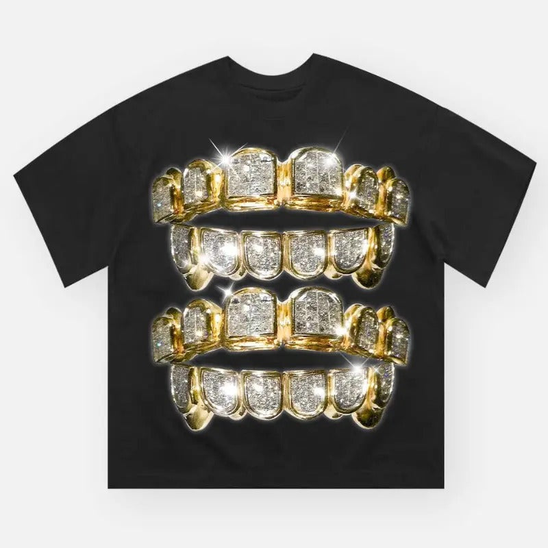 High quality Gold & Diamond Grills Print T-Shirt, Y2k Clothing, Unisex Cotton Crewneck T-Shirt - Medium, Short Sleeve, Casual Streetwear Printed Tee