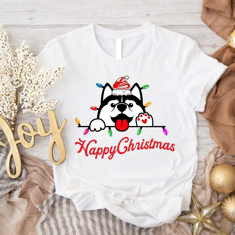 Husky Christmas Shirt, Happy Christmas T-Shirt, Dog Christmas Shirt, Dog Lover Gift Tee, Pet Owner Short Sleeve, Christmas Light Shirt.