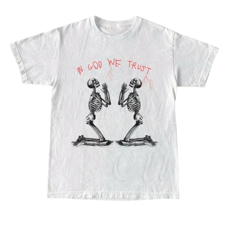 In God We Trust Skeleton Vintage 90s Graphic Style T-Shirt, Retro Skull Oversize Shirt, Y2k Christian Tee, Dark Art Shirt, Gothic Clothing, Graphic Tees, vintage 90s graphic tees, gift for him, gift for her Top Womenswear Streetwear Crewneck