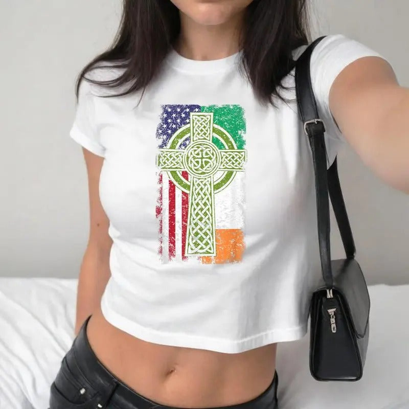 Irish American USA Flag Celtic Cross St Patrick's Day Baby Tee, Y2K 2000's Style, Streetwear Style, Gift for Her