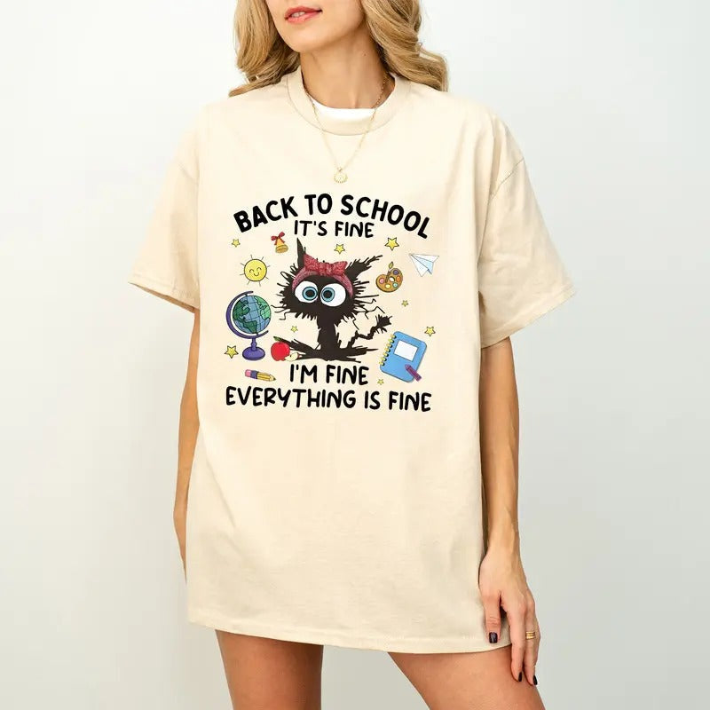It's Fine I'm Fine Everything Is Fine Black Cat Teacher Shirt, Funny Kindergarten Teacher Shirt, Funny Teacher Gifts Idea, Back to School