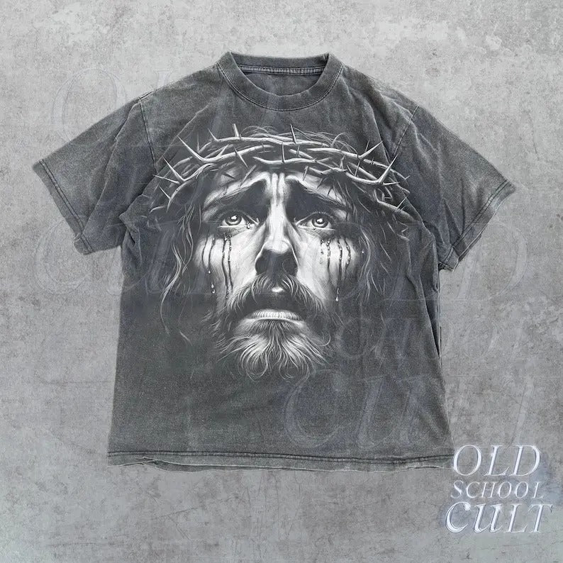 Jesus Portrait Cry Vintage 90s Graphic Shirt, Retro Faith Jesus Y2k Shirt, Christian Shirt, Retro Halftone Graphic Bible Tee, Unisex Top