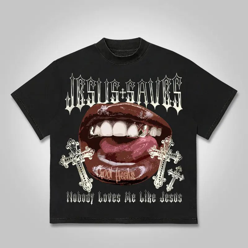 Jesus Saves Lips Cross Casual Graphic T-Shirt Y2K Clothing Graphic Tee Cotton Top Streetwear