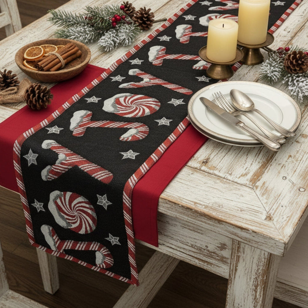 DaDa Bedding Peppermint Joy Red Black Holiday Tapestry Dining Table Runner (12904)