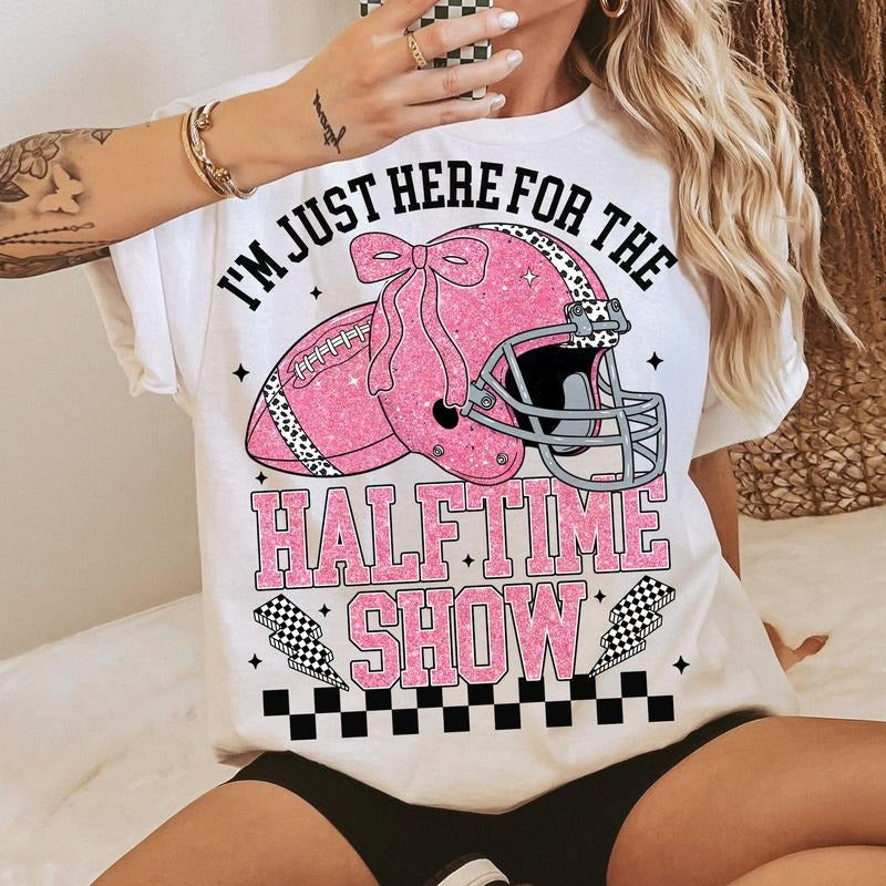 Just Here for the Halftime Show T-Shirt, Retro Checkered Football T-Shirt, Funny Football Game Day Coquette Bow Shirt, Team Halftime Football T-Shirt