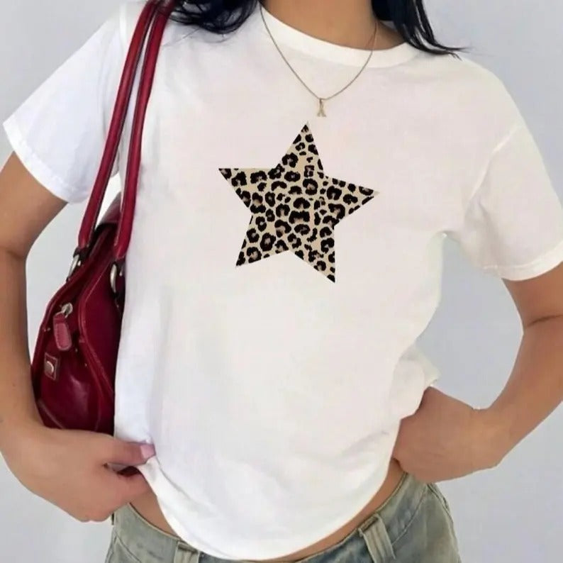 Leopard print star baby tee, animal print babytee, trendy y2k Collar Cotton
