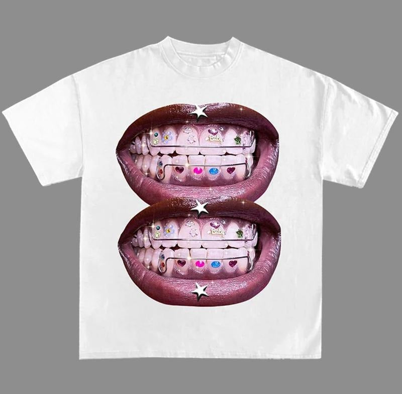 Lip Grill Graphic Print Street Cotton T-Shirt Y2K Style