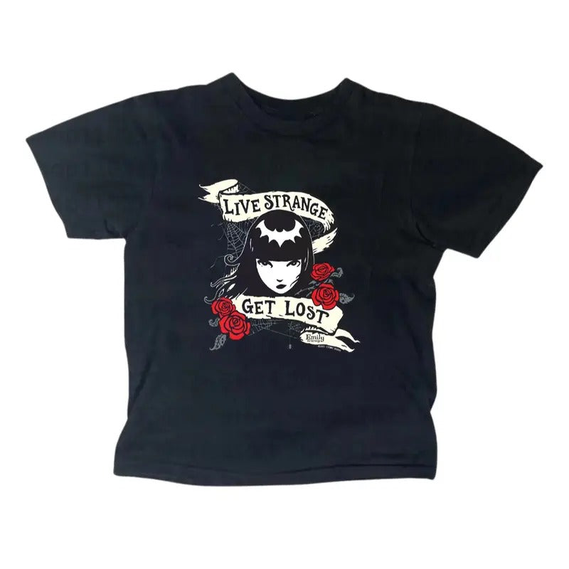 Live Strange Get Lost Baby Tee, Vintage Emily The Strange Cat, Gothic Emo Girl, Scene Clothing 2000s, Y2k Top Women Streetwear, Casual Cotton Short Sleeve