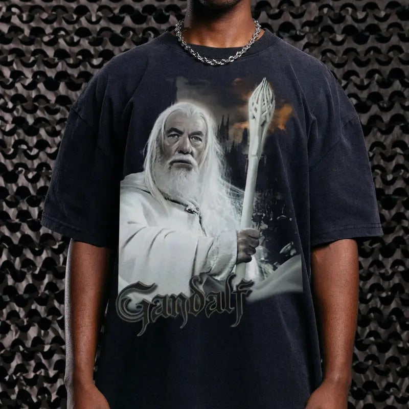 Lord Of The Rings Gandalf White Coat Witch Vintage T-Shirt Movie Shirt Menswear Streetwear Movie Fans Graphic Casual Clothing Crewneck X-Mas Present