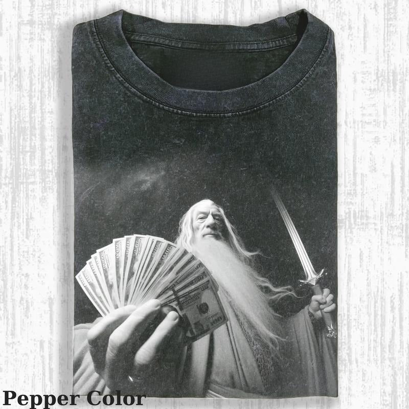 Lord of the Rings Vintage Tee, Gandalf shows off dollar T-Shirt, Meme Cringe Funny Dumb Shirts, Unisex Movie Shirt Menswear Womenswear Streetwear