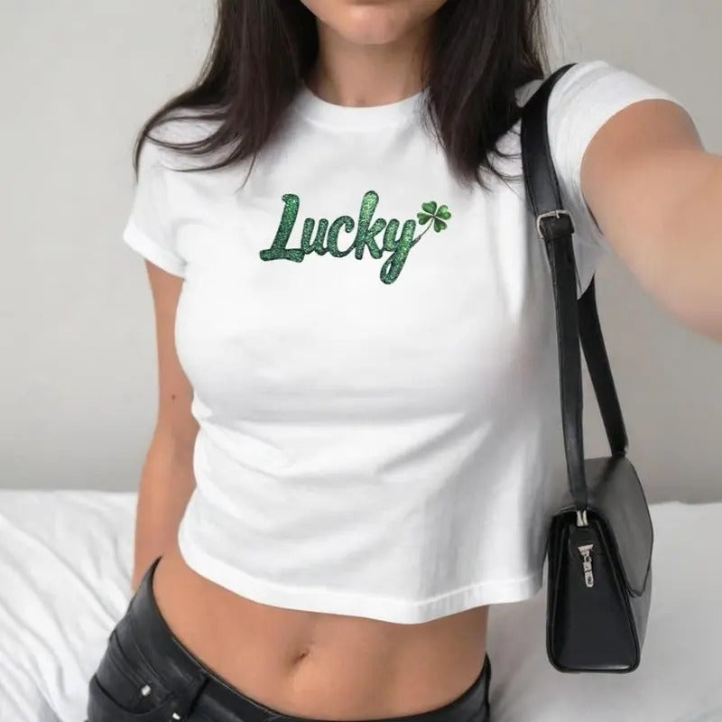 Lucky Baby Tee, Lucky Shamrock Green Baby Tee, Y2k Baby Tee, Sparkly Letters, St. Patrick's Day Shirt, St Paddys Day Apparel