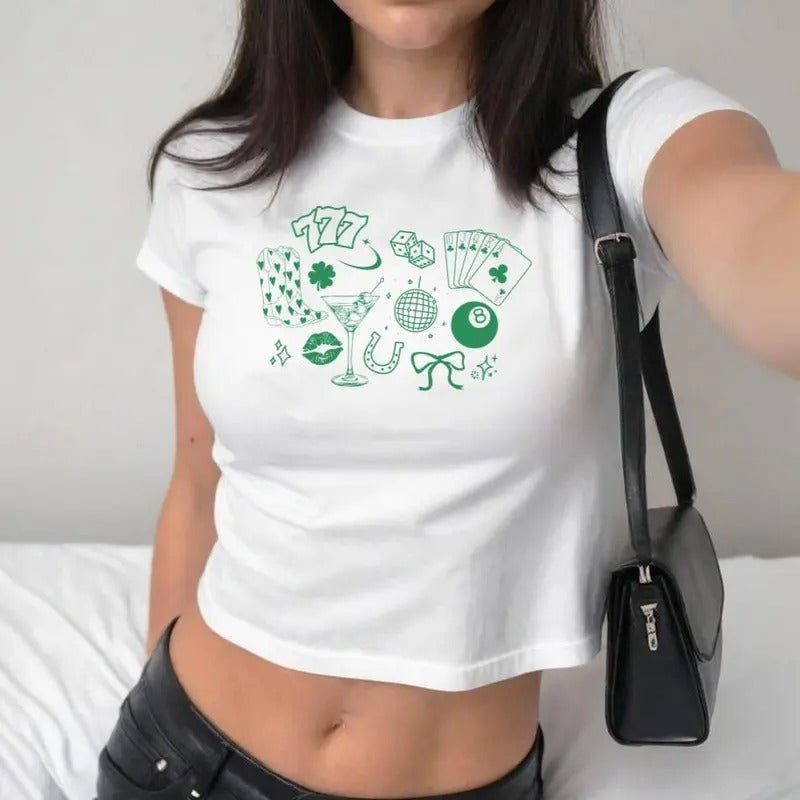 Lucky Girl Y2K Baby Tee, St Patrick's Day Coquette, Lucky Shirt, Y2K 2000's Baby Tee, Downtown Teenage Girl Gift, 2000s Fashion Aesthetic