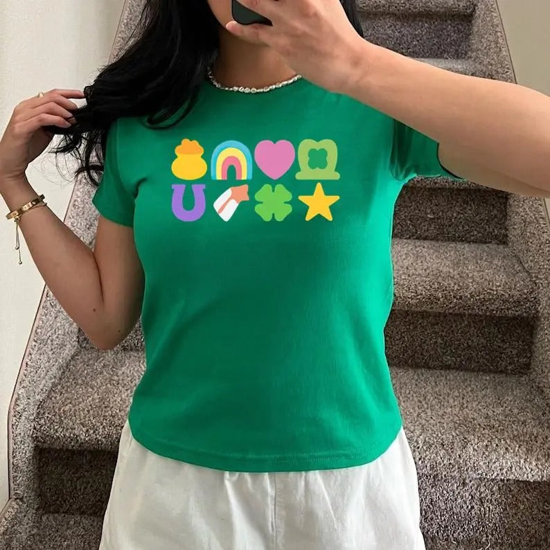 Lucky St Patrick's Day Shirt, St Patrick's Day Baby Tee, Lucky Charm Baby Tee, Irish Day Baby Tee, Lucky Shamrocks Rainbow , Y2K 2000's Style, Streetwear Style1