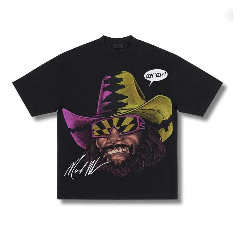 "Macho Man" Big Face Art Graphic Tee - Vintage Bootleg Casual Classic Menswear Shorts T-Shirt Top
