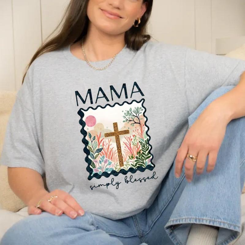 Mama Simple Blessed Christian Tshirt Cotton Casual Street Style Crew Neck Short Sleeve T-Shirt Trendy Top for Women for Men, Perfect Gifts