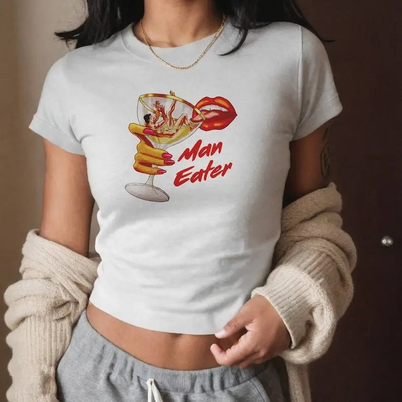 Man Eater Baby Tee, Y2k Cute Baby Tee Style, Vintage Graphic Top, Women Fitted T-Shirt, Downtown Teenage Girl Gift, Tropical Crop, Y2k Top Women Streetwear