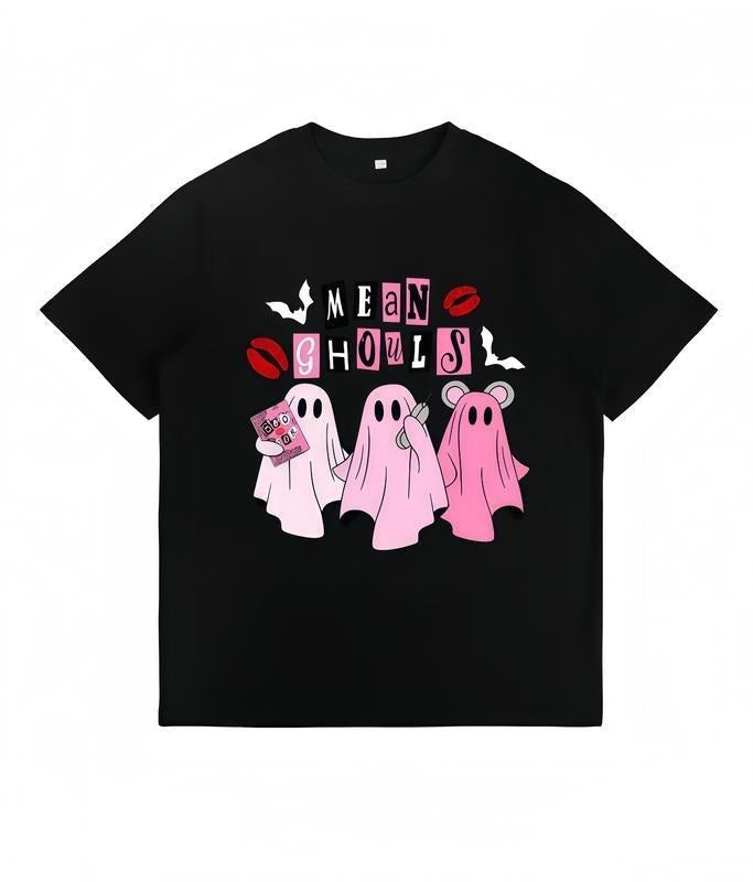 "Mean Ghouls" Halloween T-shirt Vintage Streetwear Loose Fit Unisex Casual Top with Bat Graphic Halloween Costume Gift FOG Cotton Fabric