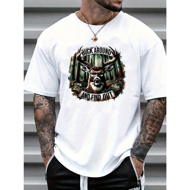 Men's Casual Reindeer Print T-Shirt - Soft Cotton, Crew Neck, Short Sleeve, Machine Washable - Perfect for All Seasons Made in USA