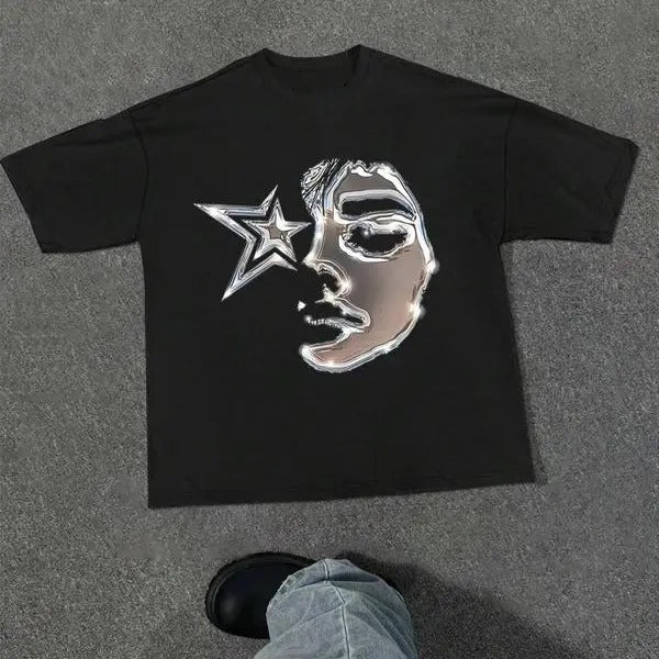 Men's Figure & Star Print Drop Shoulder Tee, Regular Fit Street Fashion Short Sleeve Round Neck T-shirt for Daily Wear, Y2K Graphic Tee