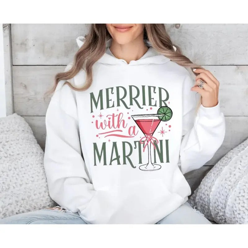 Merrier With A Martini Retro Christmas T Shirt, Funny Holiday Cocktail Sweatshirt, Vintage Xmas Party Shirt, Holiday Vibes Hoodie, Unisex Sweater Pullover Tee