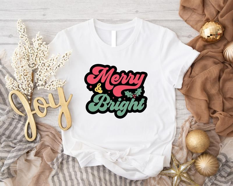 Merry And Bright Shirt, Unisex Christmas T-Shirt, Merry Christmas Tee, Cute Xmas Party Gift Tee, Trendy Winter Holiday Shirt.