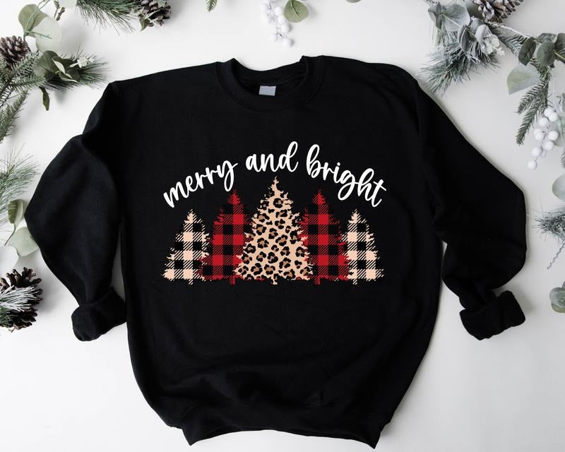Merry And Bright Sweatshirt, Leopard Christmas Tree Hoodie, Cute Christmas Gift Sweater, Holiday Sweatshirt, Leopard Lover Xmas Gift Sweater.