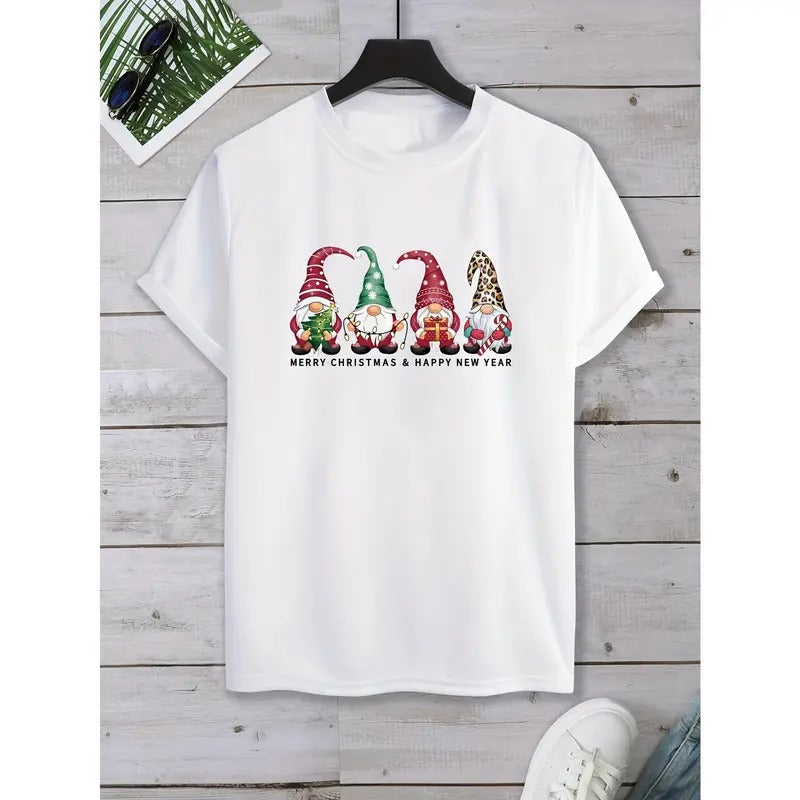 Merry Christmas & Happy New Year" Festive Men's T-Shirt - Casual Cotton, Stretchy, Machine Washable with Unique Elf & Tree Prints, Made in USA