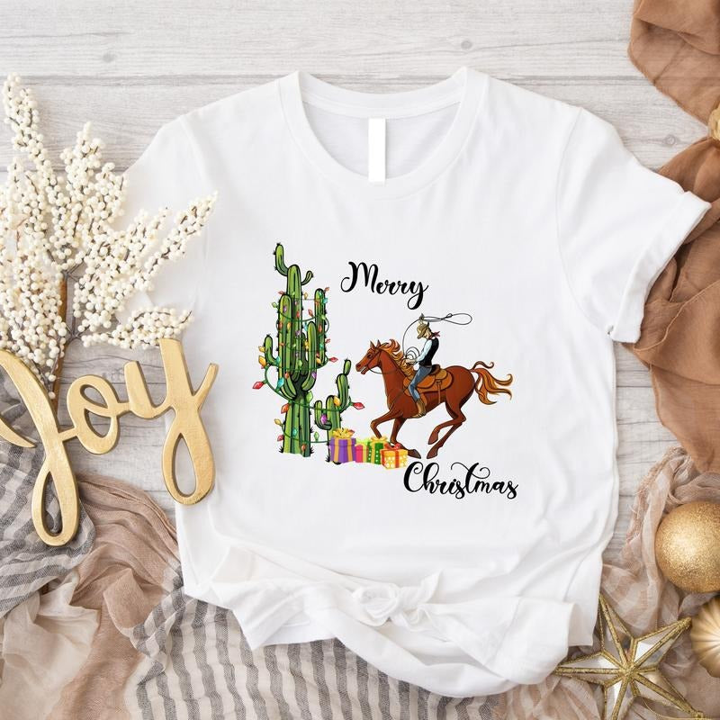 Merry Christmas Shirt, Western Christmas Party T-Shirt, Trendy Country Xmas Tee, Cowboy Gift Tee, Family Holiday Winter Gift Tee.