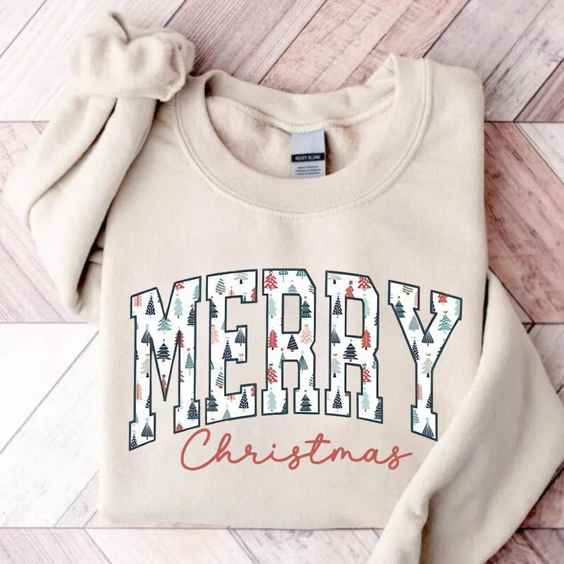 Merry Christmas Sweatshirt, Christmas Crewneck Women Holiday Sweatshirt, Cute Xmas Sweater Cozy Winter Oversized Sweatshirt, Christmas Cotton Fit Cotton Fit