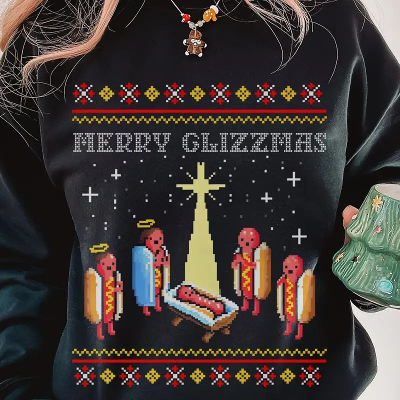 Merry Glizzmas Tshirt Sweatshirt, Funny Christmas Sweatshirt, Funny Hot Dog Shirt, Unisex Sweater Pullover Tee
