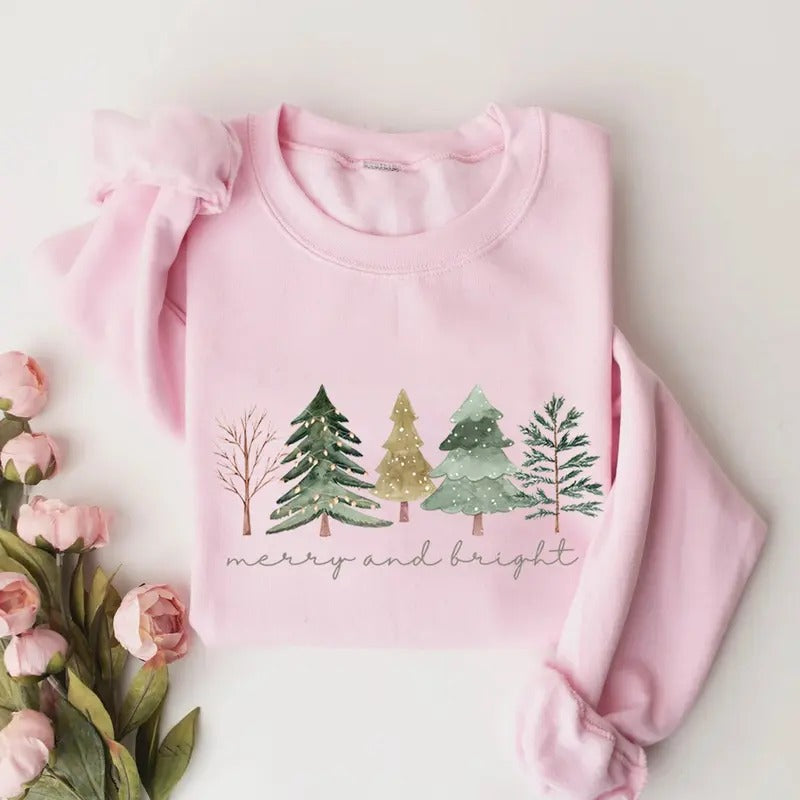 Merry and Bright Trees, Women's Christmas Sweatshirt, Womans Holiday Shirt,Christmas Gift,Chic Winter Shirt,Cute Holiday Tee,Christmas Tree