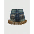 Mini Denim Skirt Fuzzy Zip Up Y2K Bodycon Jean Skirt with Pocket
