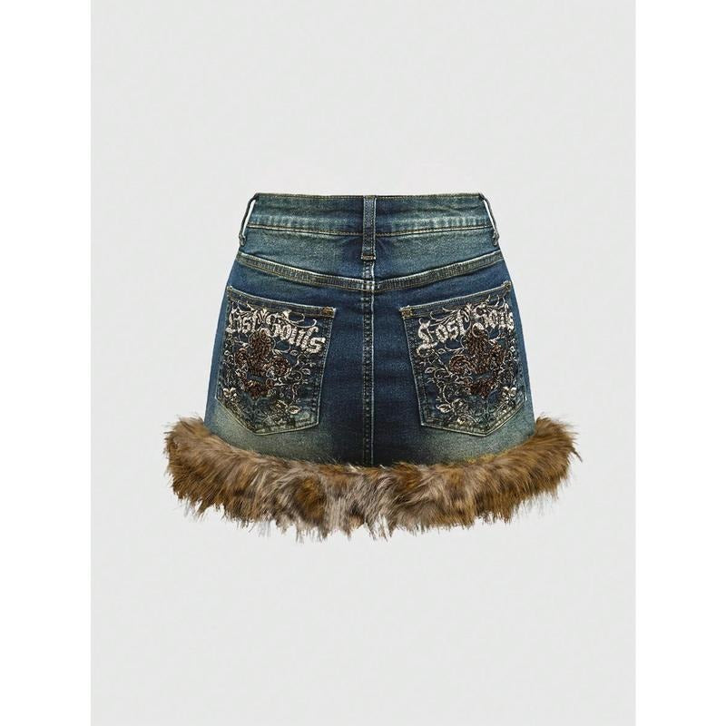 Mini Denim Skirt Fuzzy Zip Up Y2K Bodycon Jean Skirt with Pocket