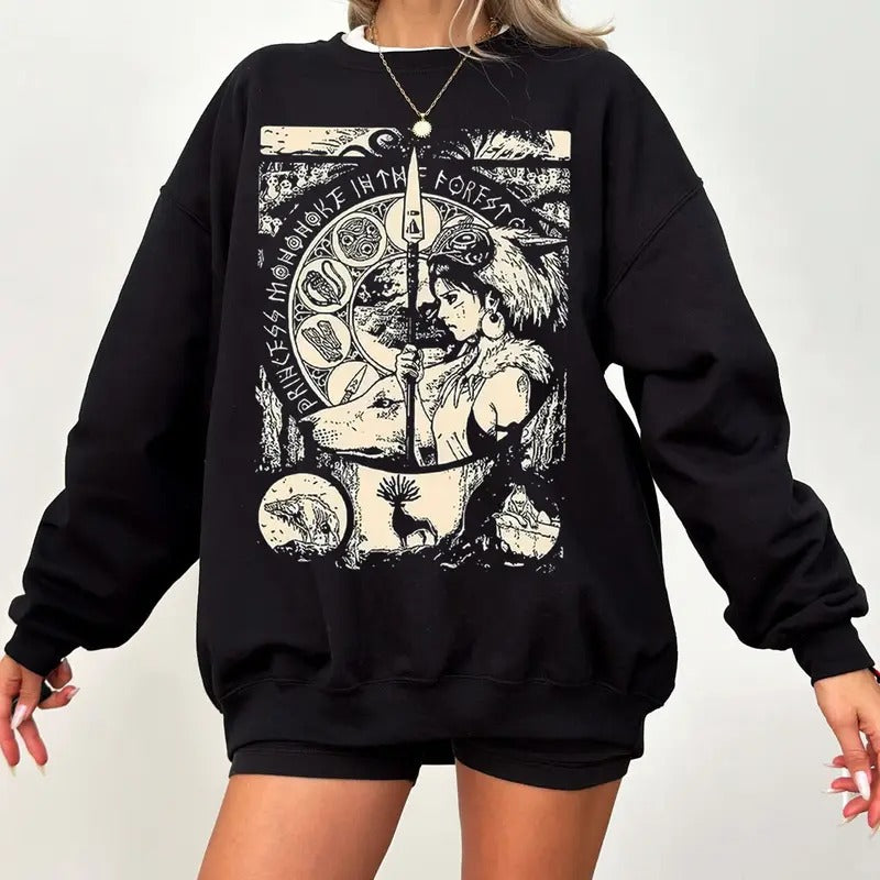 Mononoke Vintage Princess Washed Acid Sweatshirt Y2K Studio Ghibli Anime T-Shirt Spirited Away Oversized Crewneck Long Sleeve Pullover Casual Comfort Cotton