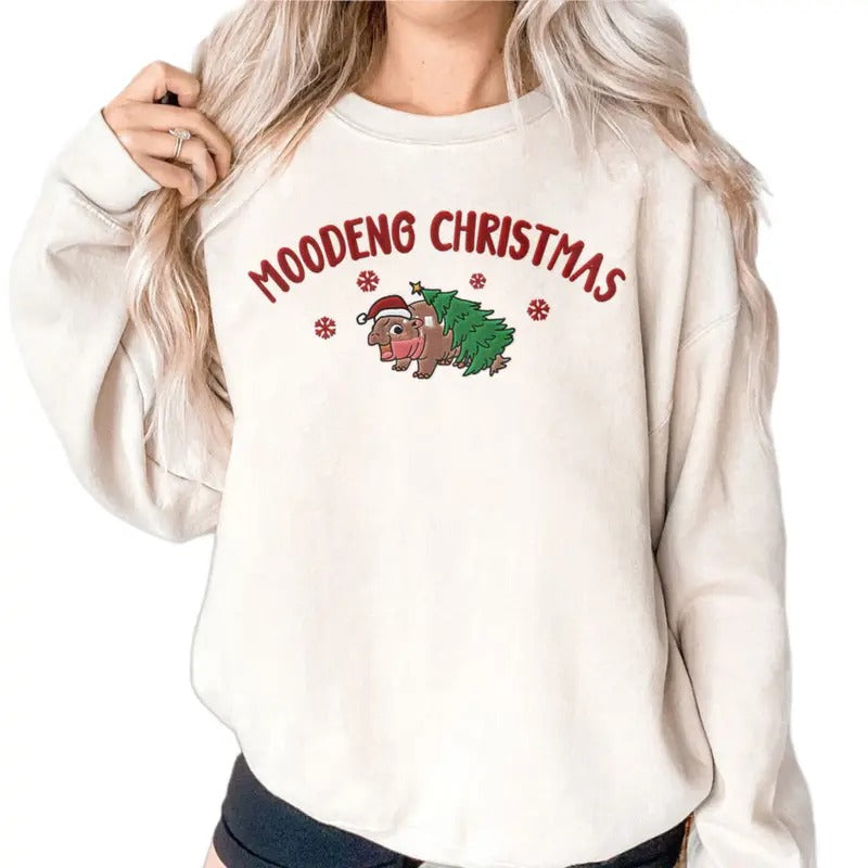 Moodeng Christmas Shirt, Embroidered T-shirt, Holiday Unisex Sweatshirt, Funny Baby Hippo Tee