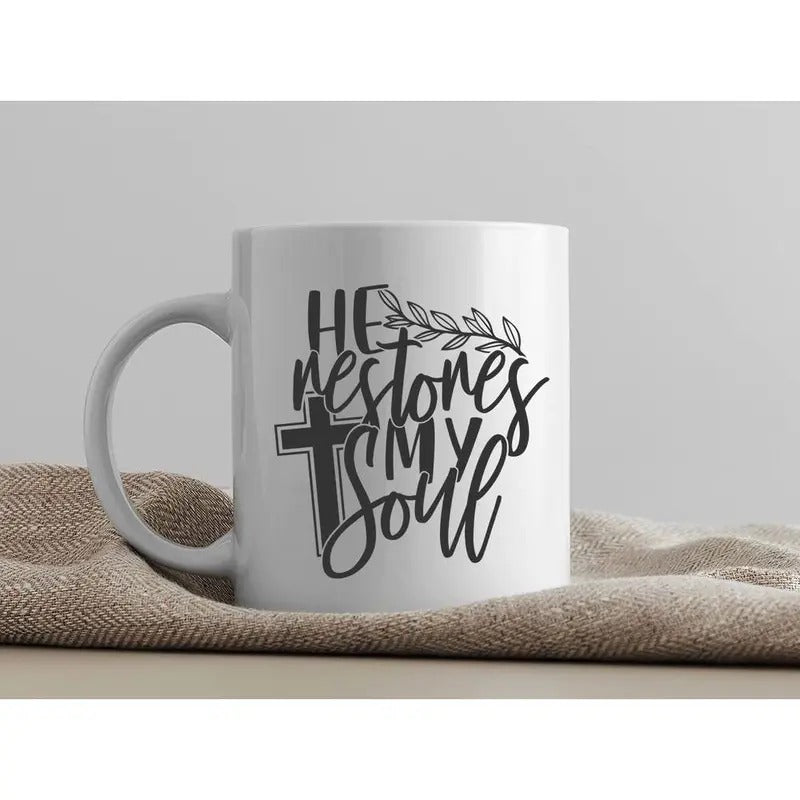 "Mouthless cat Restores My Soul" Christian Inspirational FOG Mug