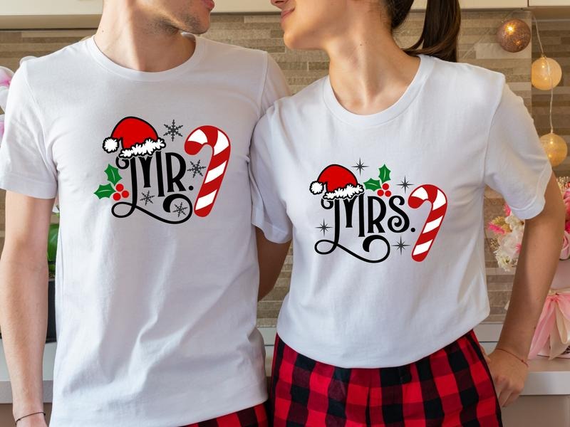Mr And Mrs Christmas Shirt, Matching Couples Xmas Party Tees, Wife And Husband Holiday T-Shirt, New Married Gift, Santa Hat Family Short Sleeve.