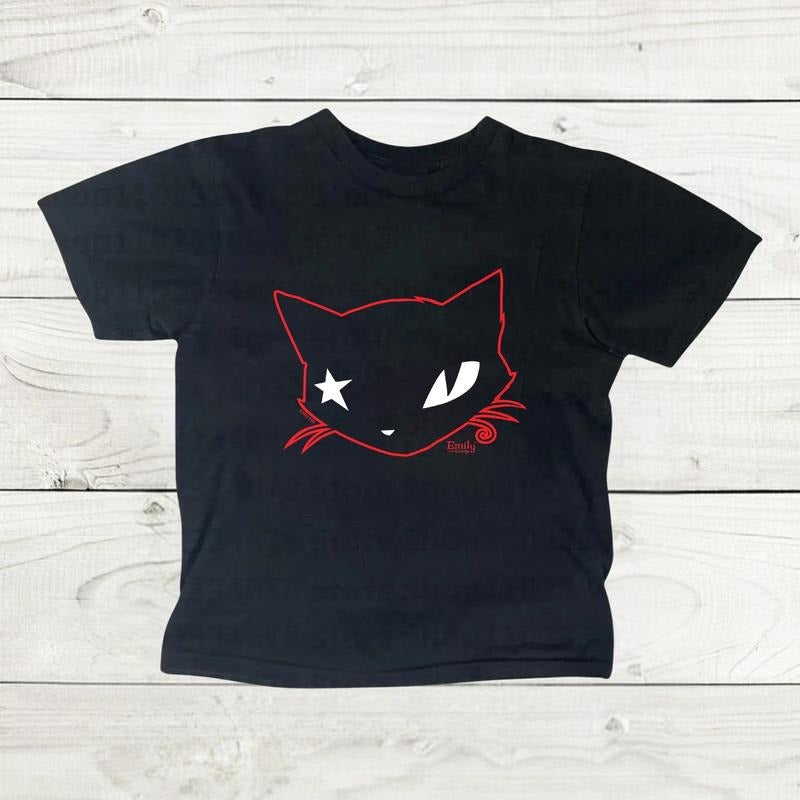 Mystery Black Cat Baby Tee, Gothic Emo Girl, Scene Clothing 2000s, Y2k Top Women Streetwear, Casual Cotton Short Sleeve, Women Fitted T-Shirt