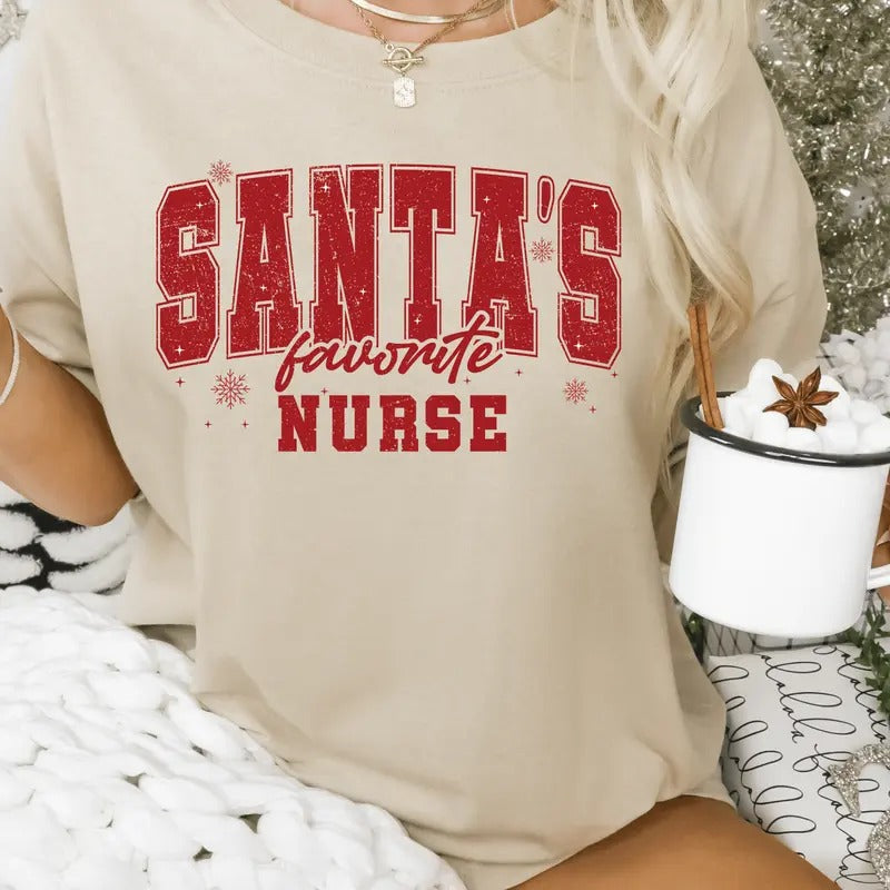 NURSE Christmas Shirt - Santa's Favorite Nurse Christmas Unisex Shirt - Holiday Graphic Tee, Soft Unisex Short sleeve or Long sleeve Shirt
