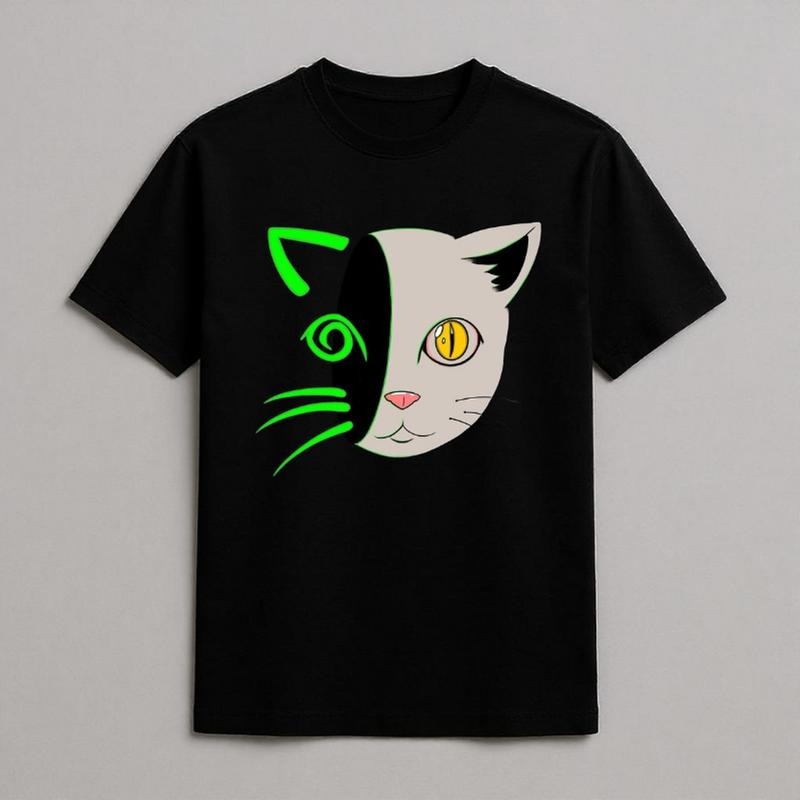 Neon Split Cat Face Tee - Psychedelic Glow Eyes & Whiskers Graphic Tee, Y2k Shirt, Y2k Clothing, Vintage T-Shirt, Unisex Cotton Crewneck T-Shirt Menswear Womenswear Underwear Streetwear Top