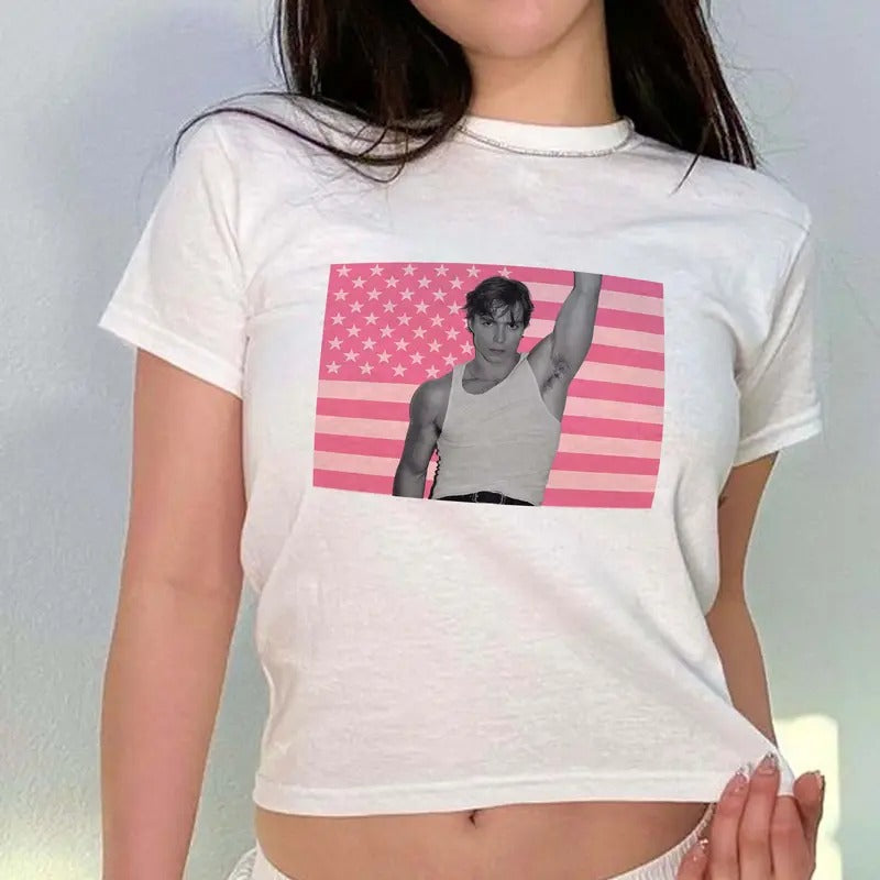 Nicholas Chavez Baby Tee Pink America For Women, Lyle Menendez Monsters Movie, Y2K 90s Retro Celebrity, Full Sizes Full Colors, Soft Fit Cotton Top
